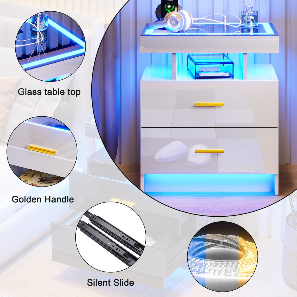 HNEBC LED Nightstand with Charging Station,Smart Bedside Table with Motion Sensor Lights,3 Drawers,Tempered Glass Top,High Gloss End Table with 3 Color Lights for Bedroom, Living Room,Office-Black
