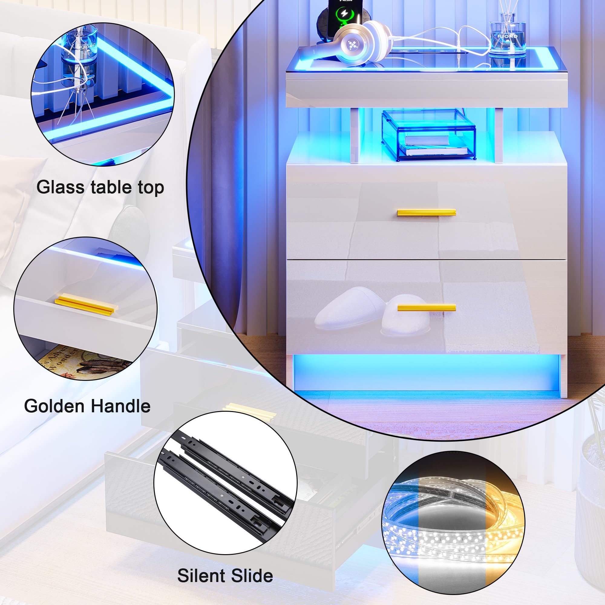 HNEBC LED Nightstand with Charging Station,Smart Bedside Table with Motion Sensor Lights,3 Drawers,Tempered Glass Top,High Gloss End Table with 3 Color Lights for Bedroom, Living Room,Office-Black