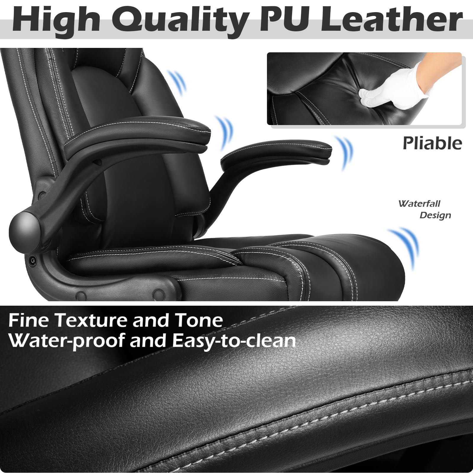 OUTFINE Office Chair Executive Office Chair Desk Chair Computer Chair with 5-Year hydrolysis-Resistant Leather Spring Cushion Ergonomic Support Tilting Function Upholstered in Bonded Leather Black