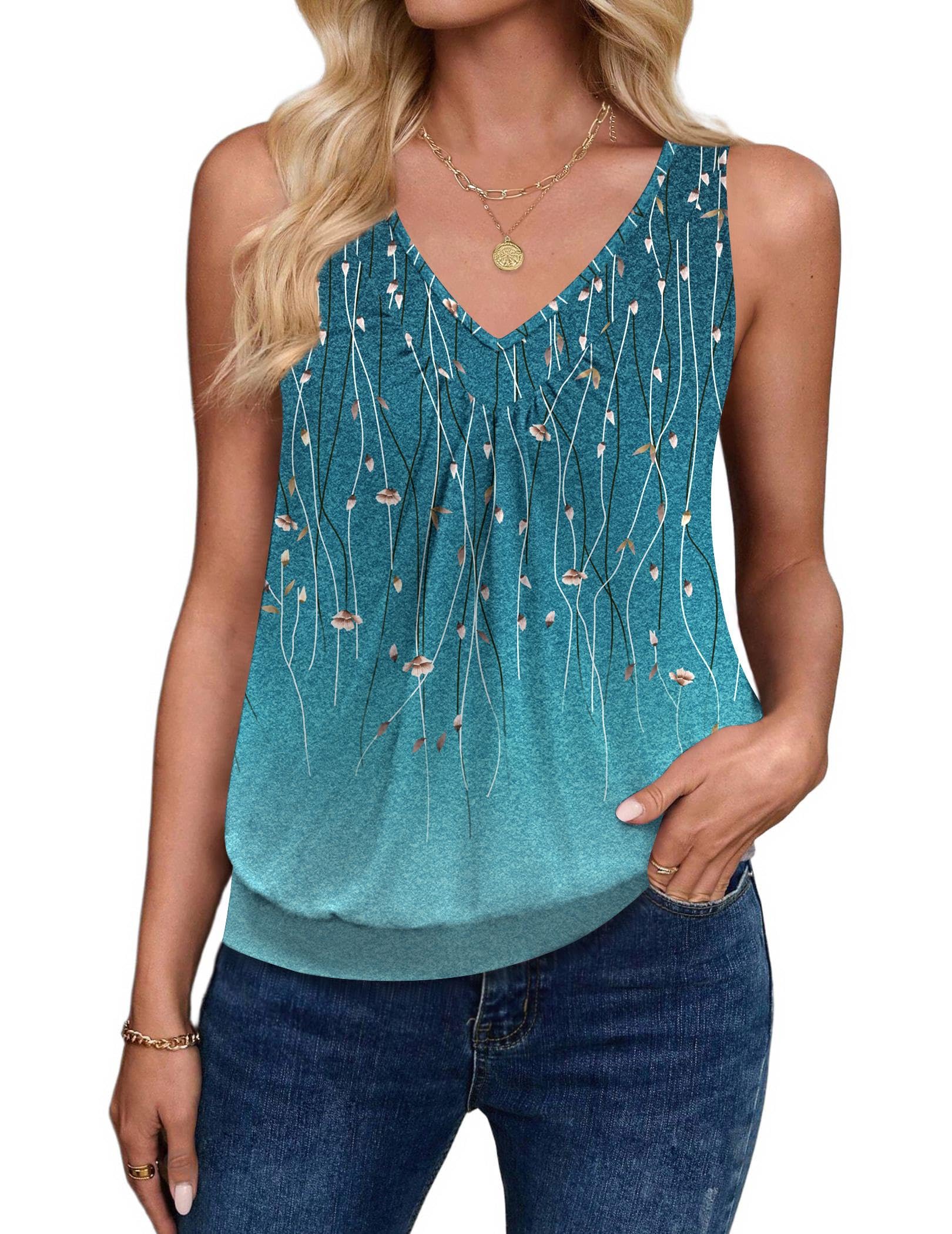Zeagoo Womens Tank Tops Loose Fit V Neck Ruched Sleeveless Tops Casual Basic Banded Shirts S-XXL