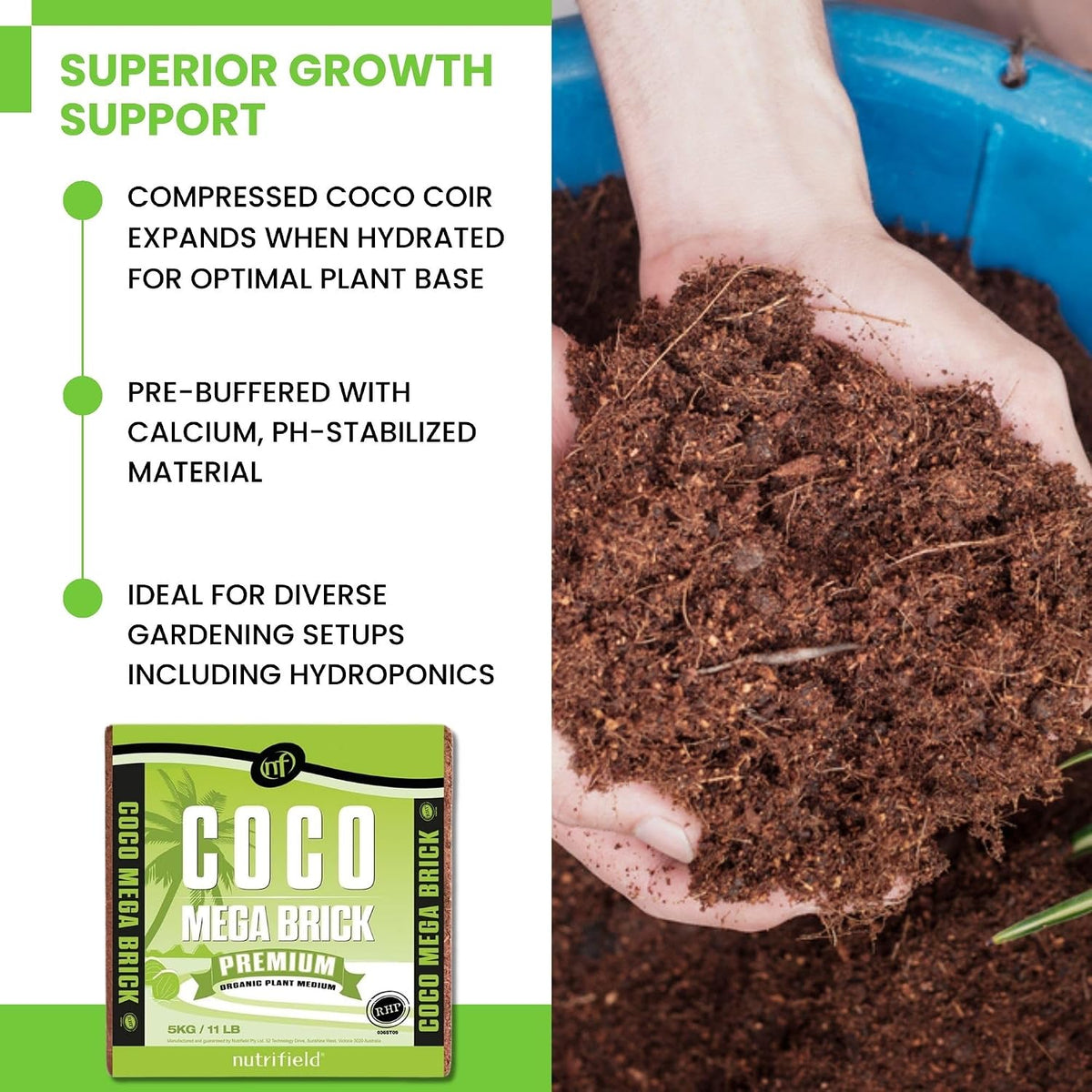 Coco Mega Brick 5kg | Compressed Coconut Coir Block Expands to 55L | Premium Quality Hydroponic Growing Medium, Pre-Buffered, Low EC Substrate for Indoor Outdoor Plants