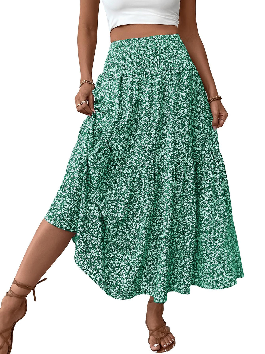 Women's Smocked High Waist Maxi Skirt Casual Boho Long Skirts with Pockets