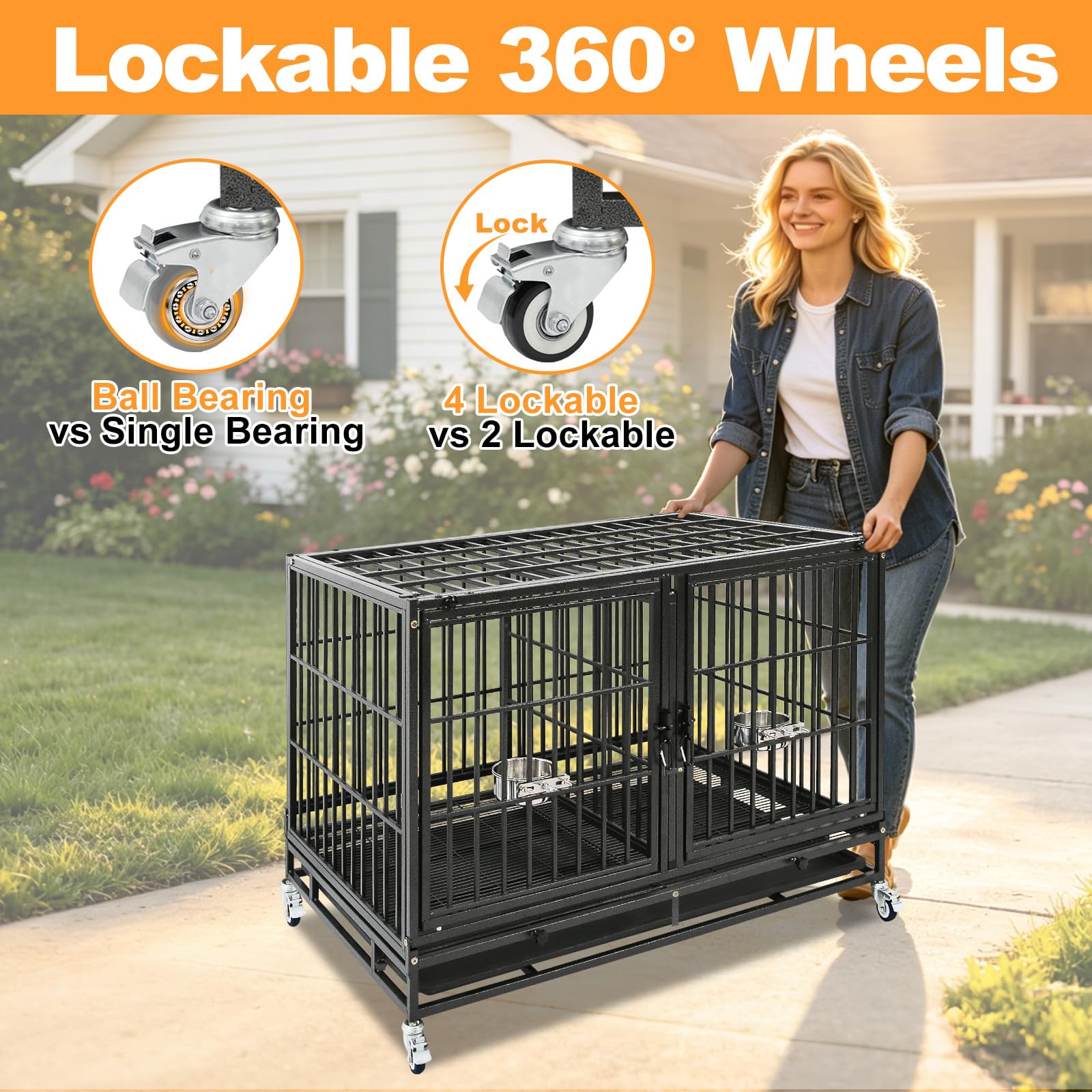 Homey Pet 37 inch Stackable Heavy Duty Dog Crate, Indestructible Escape Proof Dogs Cage Kennel with Lockable Wheels, Removable Tray & Metal Grid, Double Doors for High Anxiety Medium/Small Dogs