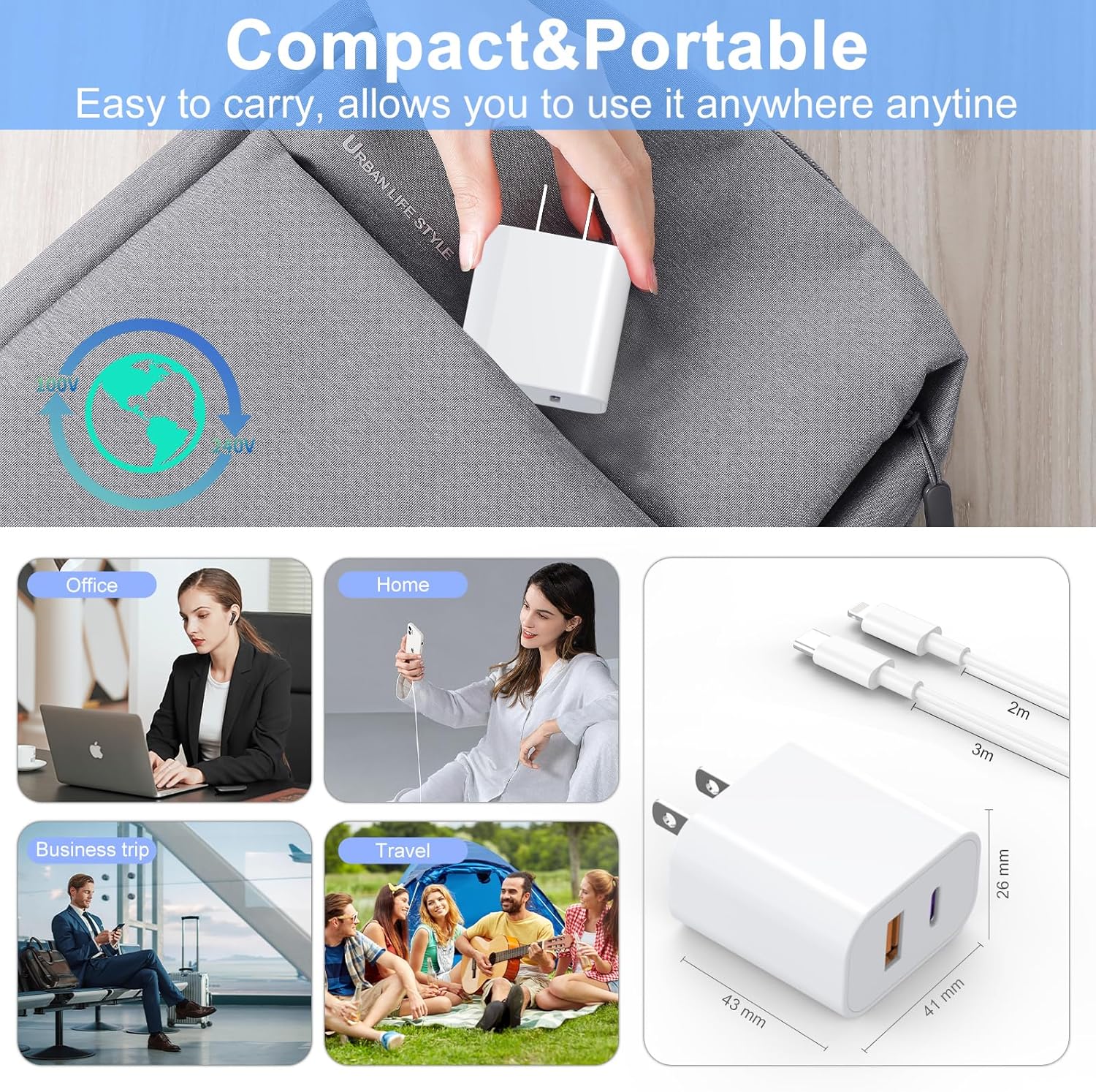iPad Charger 2 Pack 20W Dual Port QC + PD 3.0 Power Adapter Fast Wall Charger Block with 6FT&10FT Lightning Cord Cable for iPad 9/8/ 7 Generation, iPad Air, iPad mini, iPad Pro, iPhone