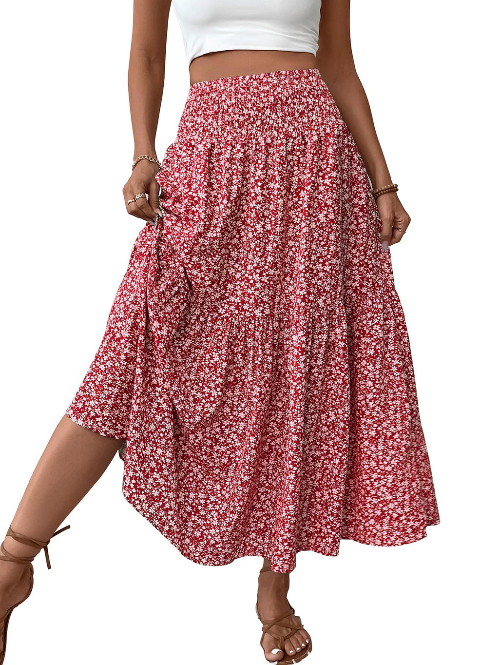 Women's Smocked High Waist Maxi Skirt Casual Boho Long Skirts with Pockets