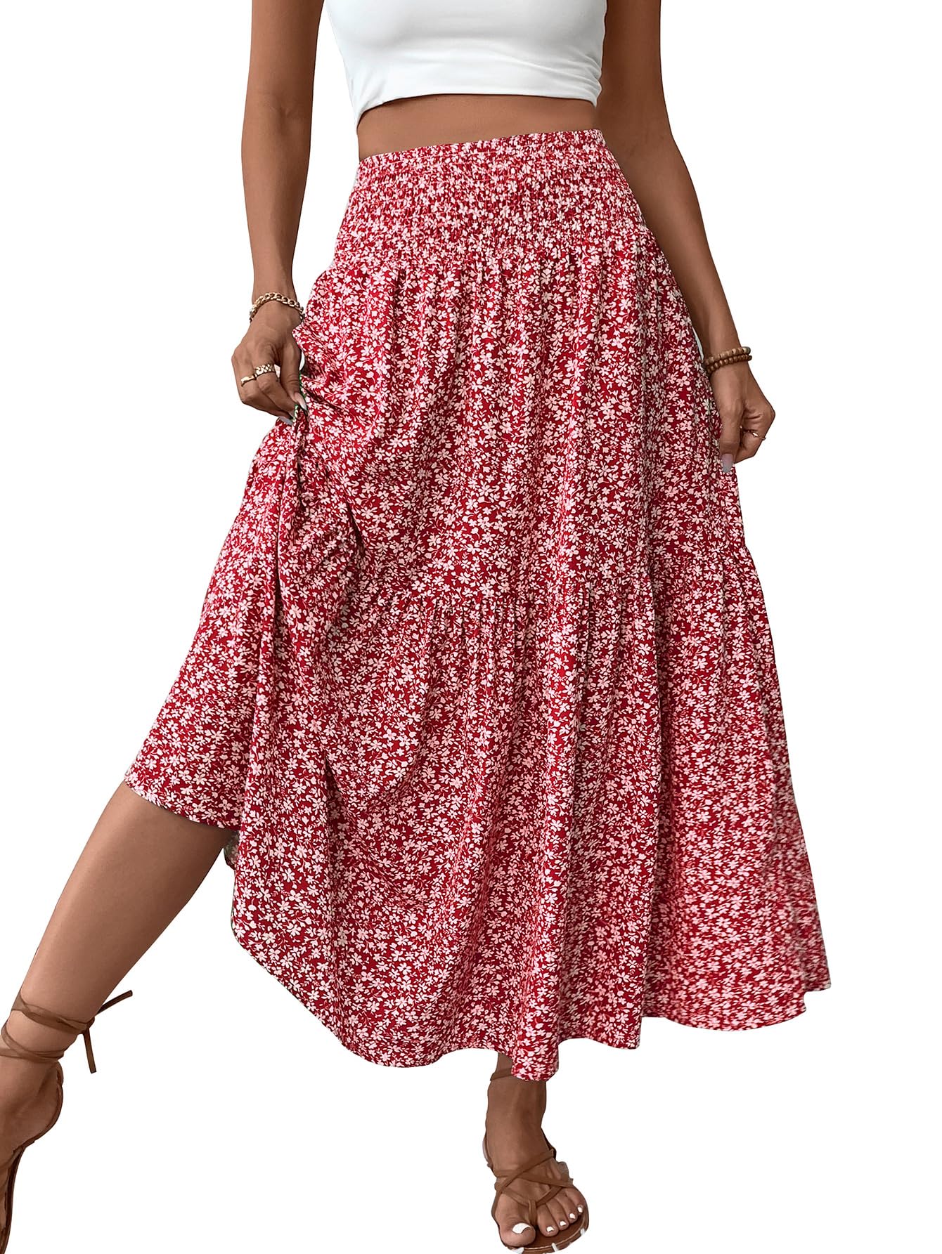 Women's Smocked High Waist Maxi Skirt Casual Boho Long Skirts with Pockets