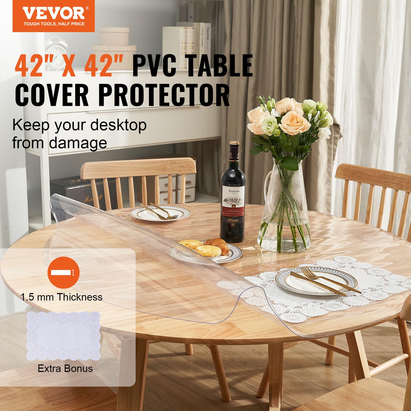 VEVOR Clear PVC Square Tablecloth, 12" x 12", 1.5mm Thick, Waterproof, Stain Resistant, Durable, Desk, Coffee Table, Dining Room Table