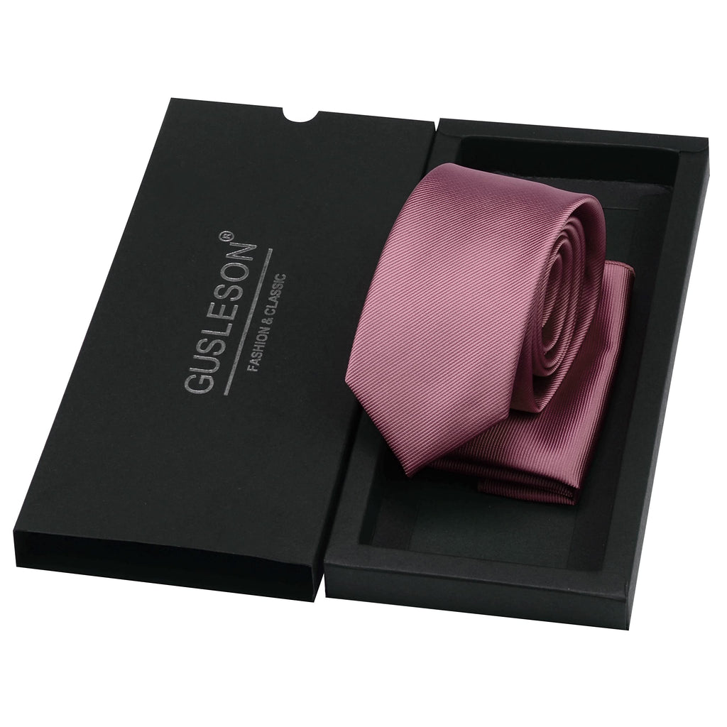 GUSLESON 2.4" Slim Necktie and Handkerchief Set For Men Solid Skinny Tie Set
