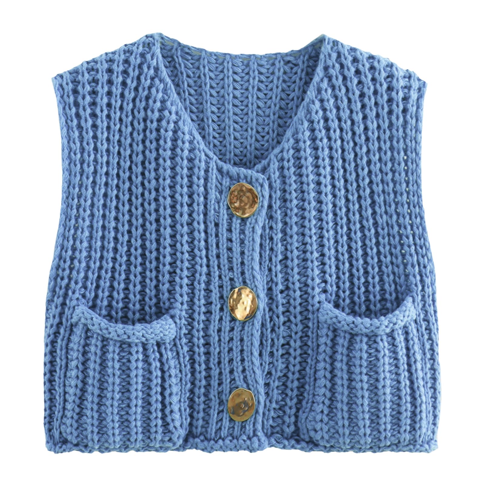 KEOMUD Women's Sleeveless Cropped Knit Cardigan Casual Button Down Crochet Sweater Vest Tops with Pockets