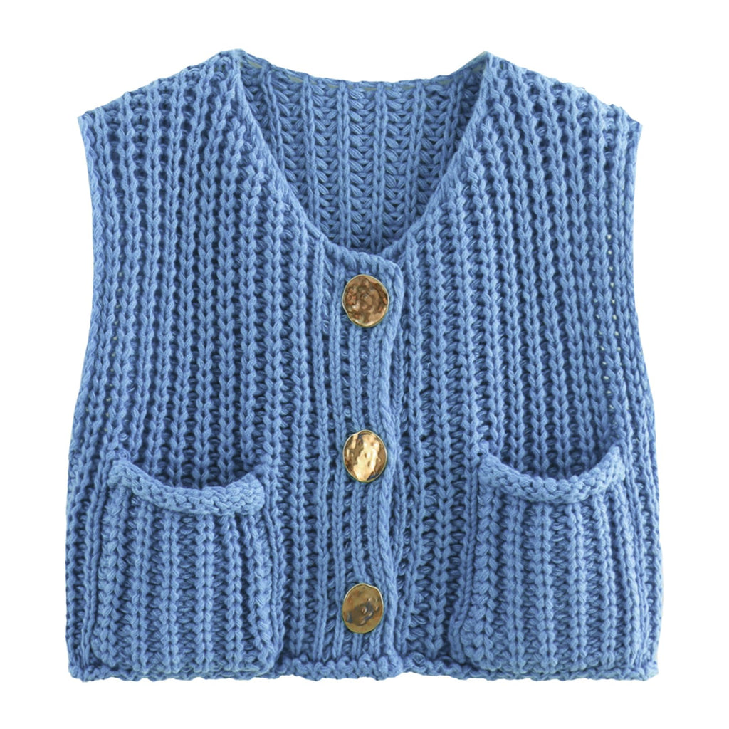KEOMUD Women's Sleeveless Cropped Knit Cardigan Casual Button Down Crochet Sweater Vest Tops with Pockets