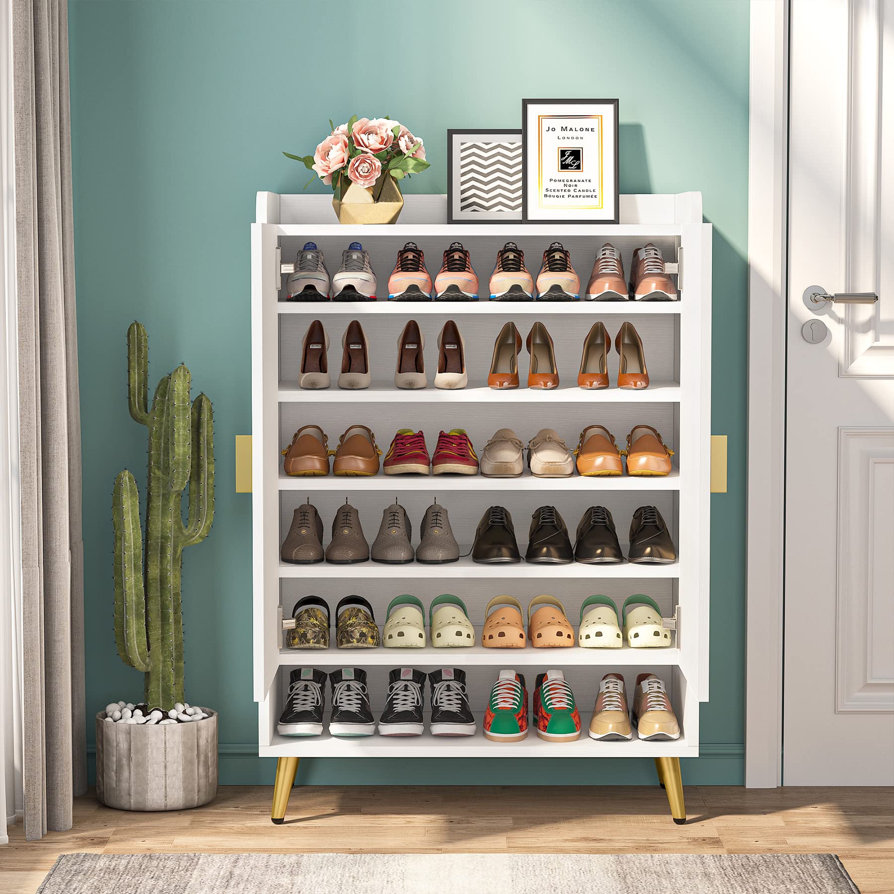 Tribesigns Shoe Cabinet with Doors, 7-Tier Shoe Storage Cabinet with Adjustable Shelves, Wooden Shoes Rack Shoe Storage Organizer for Entryway, Hallway, Closet, Living Room, Black