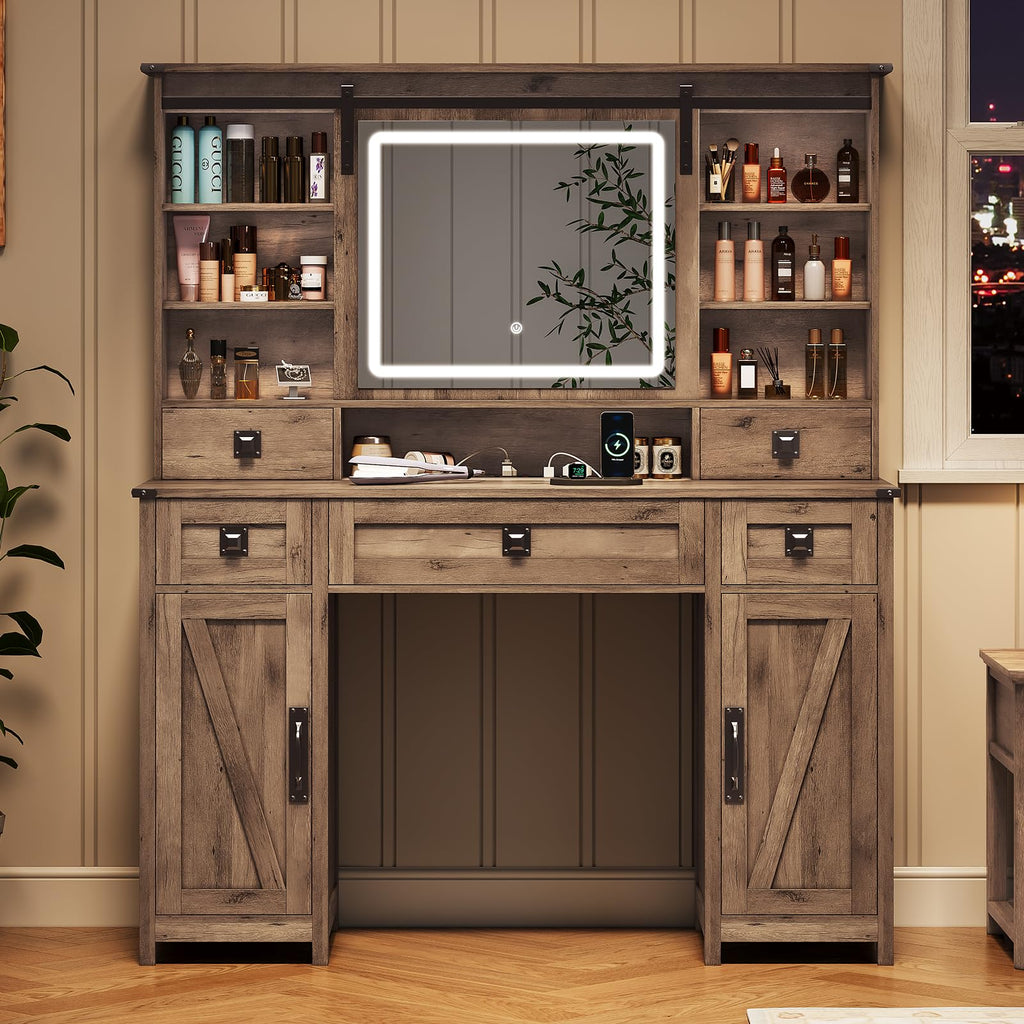 MSmask Makeup Vanity Desk with Lights, 47.2" Farmhouse Vanity Table with Sliding Mirror & Charging Station, Large Makeup Desk with 5 Drawers & 2 Cabinets, Rustic Oak