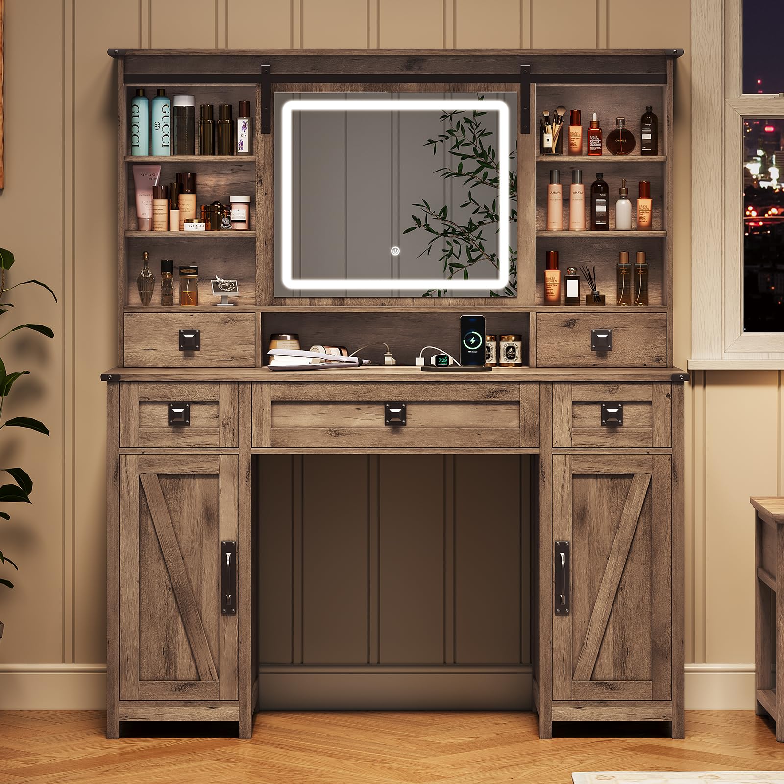 MSmask Makeup Vanity Desk with Lights, 47.2" Farmhouse Vanity Table with Sliding Mirror & Charging Station, Large Makeup Desk with 5 Drawers & 2 Cabinets, Rustic Oak