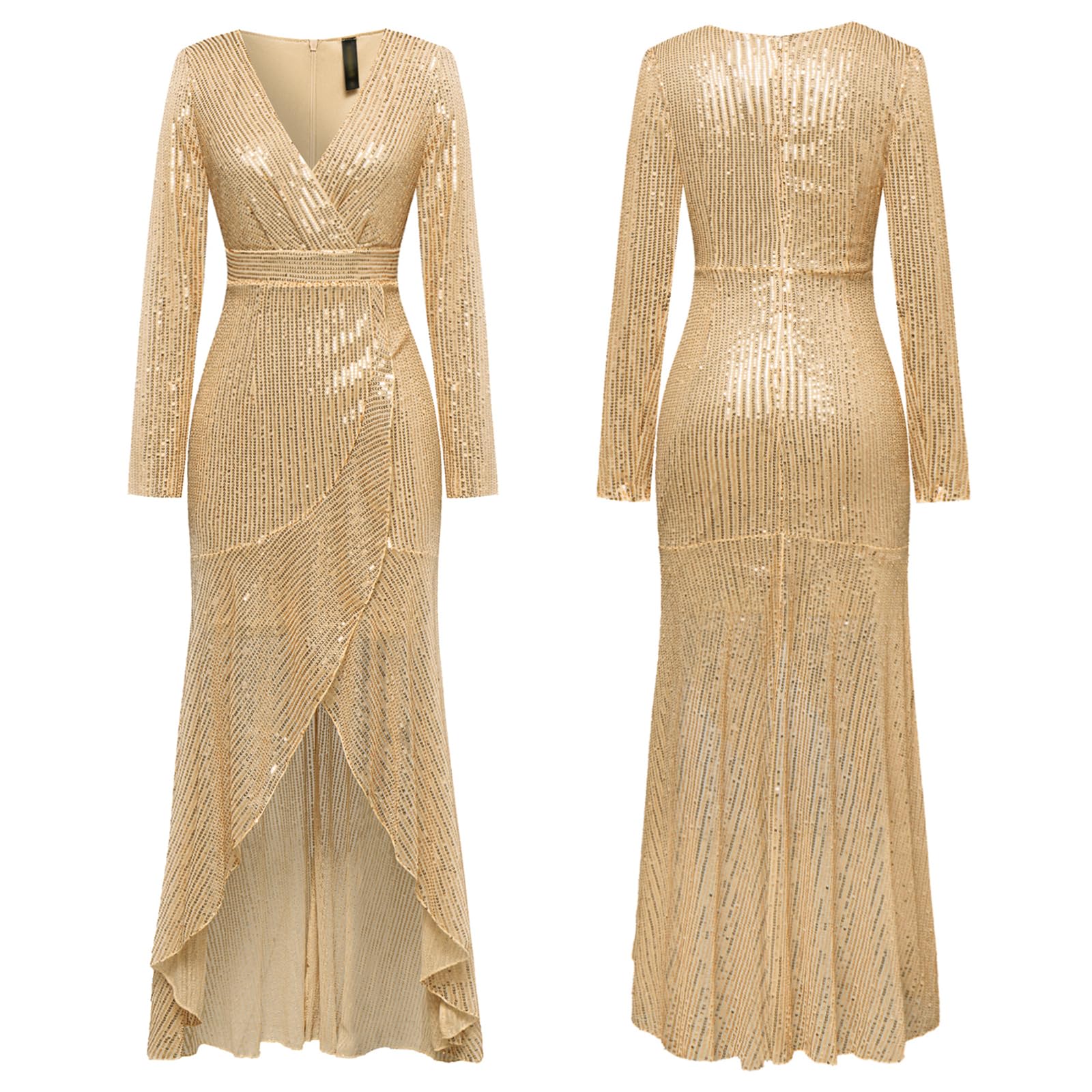 COOAN Women's Long Sequin Formal Dresses Long-Sleeve Cocktail Wedding Guest Dresses Elegant V Neck Party Gowns