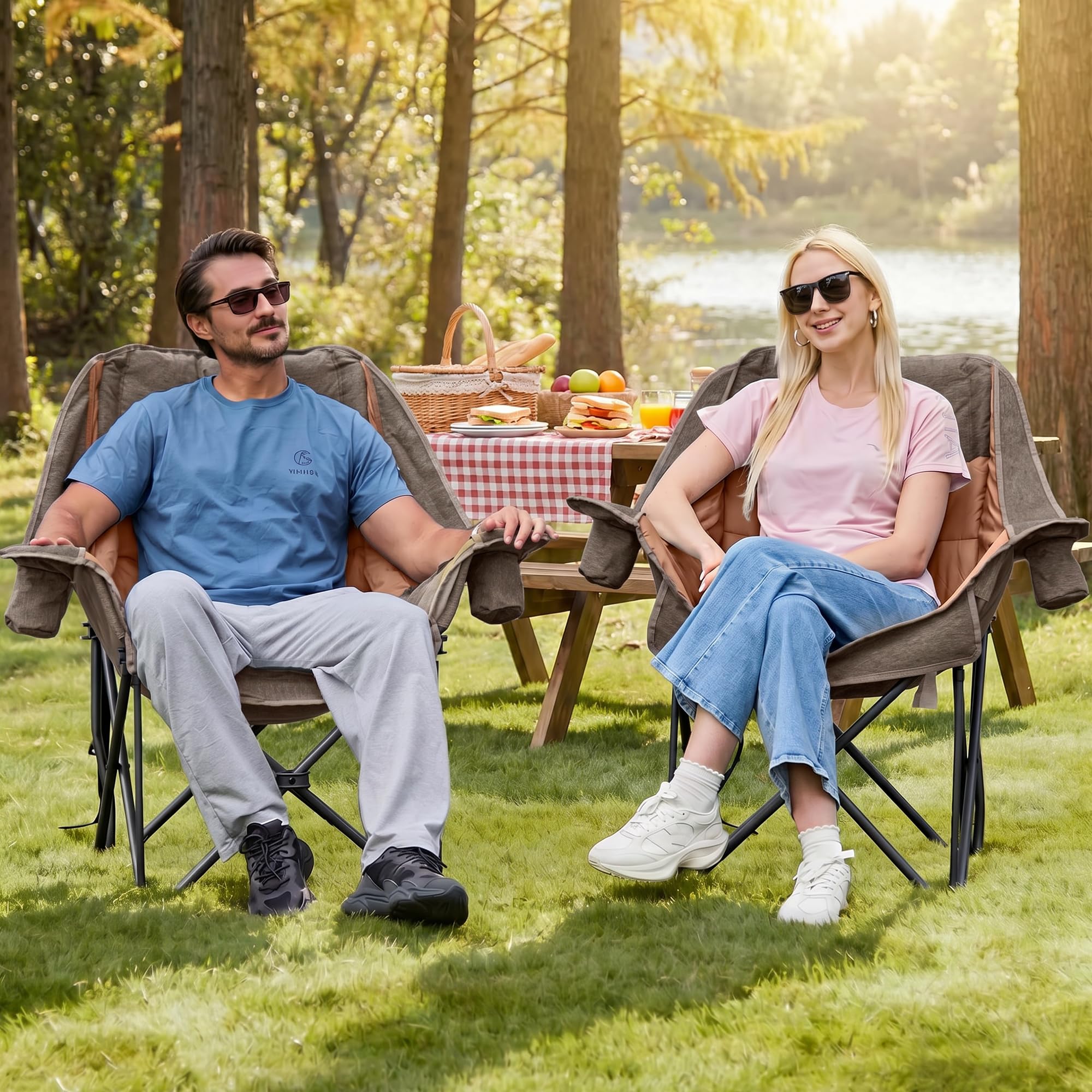 Double Camping Chair Heavy Duty Oversized Padded Loveseat for Adults 2 Person Outdoor Portable Camping Chairs for Lawn, Backyard, Fishing, Trip, Support 600lbs, Grey