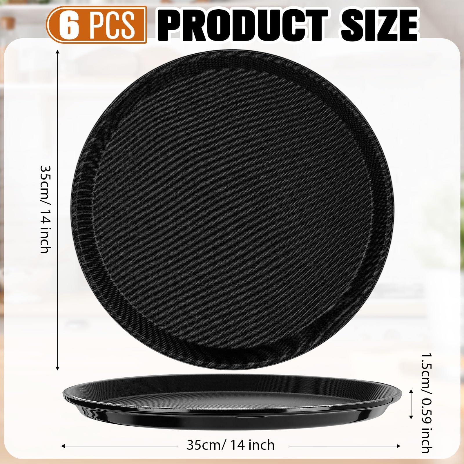 Zopeal 2 Pieces Black Round Restaurant Serving Tray, Plastic Non Slip Surface Food Meals Server Tray with Raised Edges for Home, Kitchen, Restaurant, Cafeteria, Bar (11")