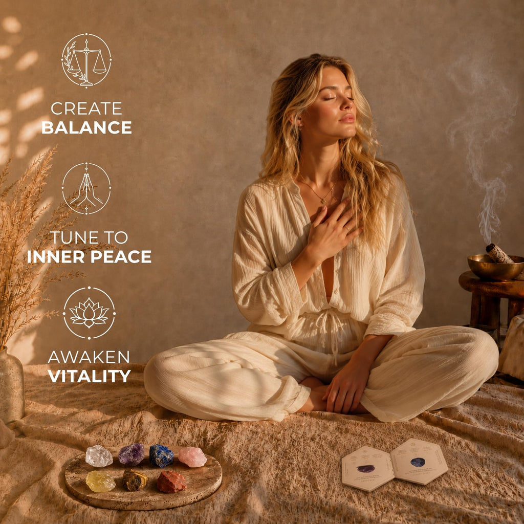 Anima Premium 7 Chakra Healing Crystals Set for Energy Alignment - Large Raw Amethyst, Rose Quartz, Citrine, Lapis Lazuli, Clear Quartz, Tigers Eye & Red Jasper - Wooden Gift Box & Guidebook Included