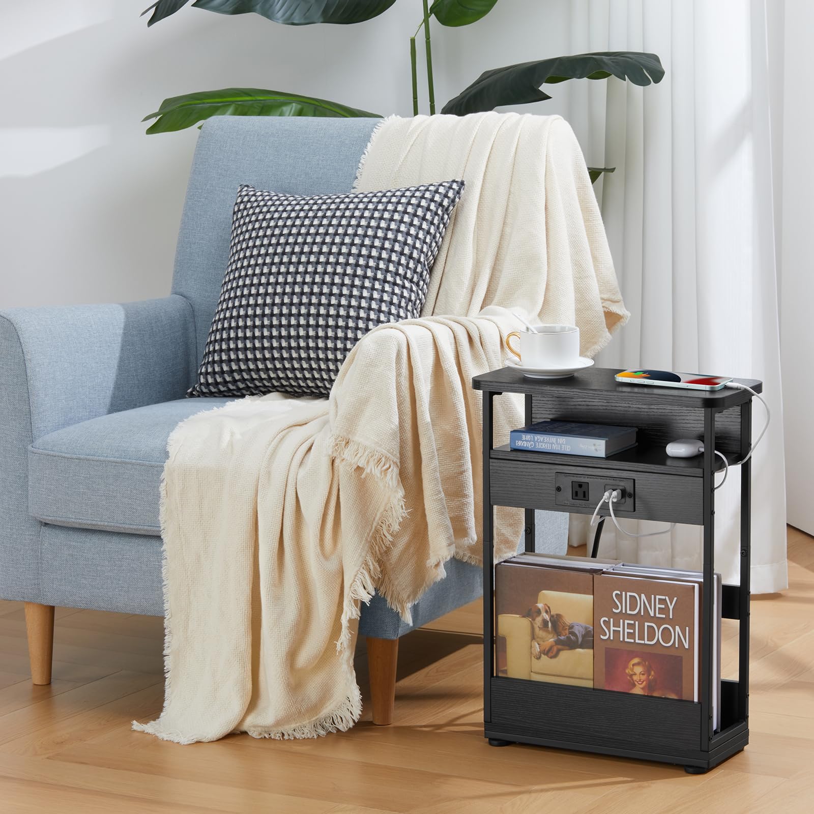 YEAKOO Narrow Side Table with Charging Station, 3-Tier End Table with 2 USB Ports & Power Outlets,Thin Sofa Side Table for Narrow and Small Spaces, Bedside Table Nightstand for Living Room,Black