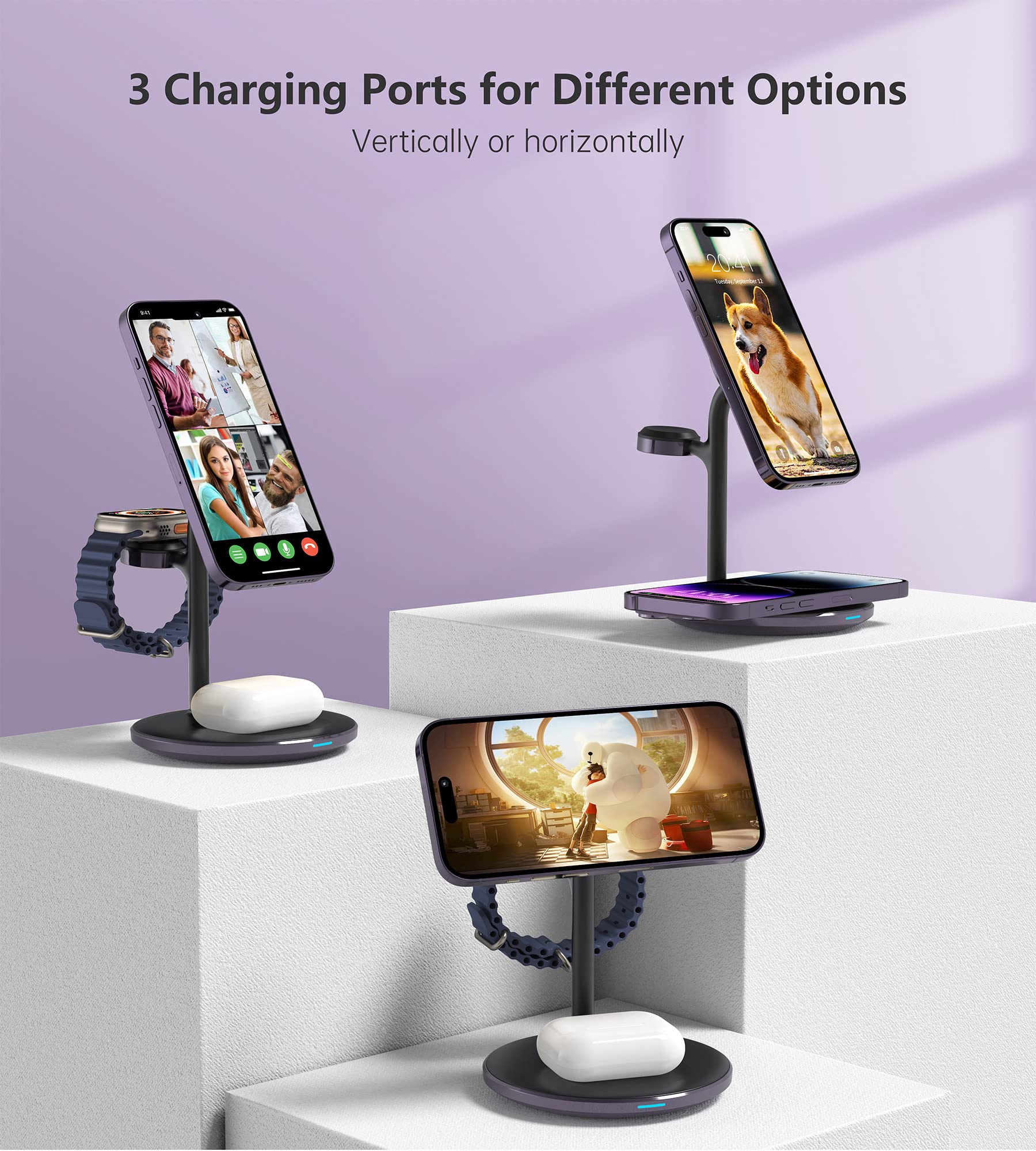 XooFly 3 in 1 Wireless Charging Station for Apple Devices, Fast Wireless Mag-Safe Charger Stand with 20W Adapter for iPhone 17/16 15 14 13 12 Pro Max/Pro/Plus/Air/Mini, iWatch, AirPods (Black)