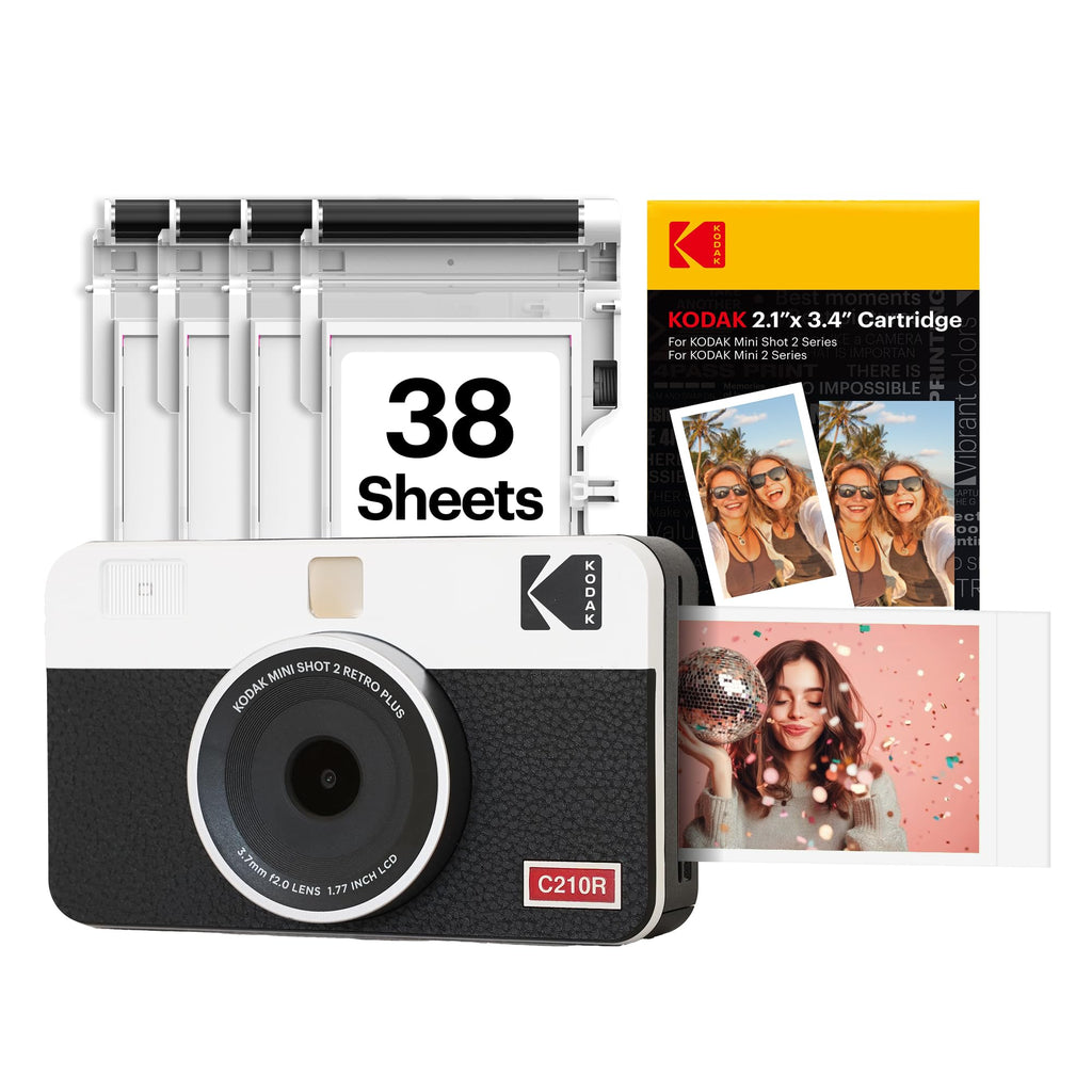 Kodak Mini Shot 2 Retro 4PASS 2-in-1 Instant Digital Camera and Photo Printer (2.1x3.4 inches) + 8 Sheets, White