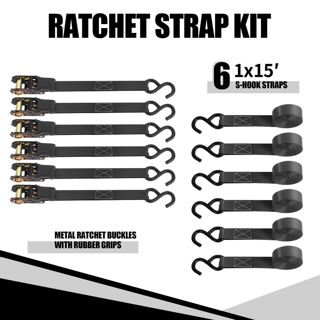 Cartman Ratchet Tie Down, 4Pk 15Ft, 500Lbs Load Cap/ 1500Lbs Break Strength, Cargo Straps for Moving Appliances, Lawn Equipment, Motorcycle in a Truck, with Carry Bag