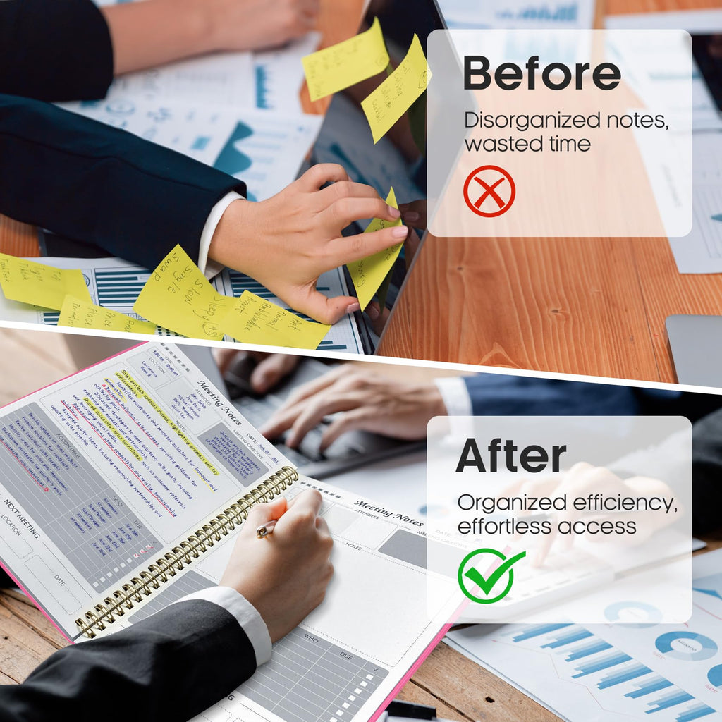 Meeting Notebook for Work Organization - Work Planner Notebook with Action Items, Agenda Planner for Note Taking, 160 Pages (6.9" X 9.9") Project Organizer for Men & Women - Pink