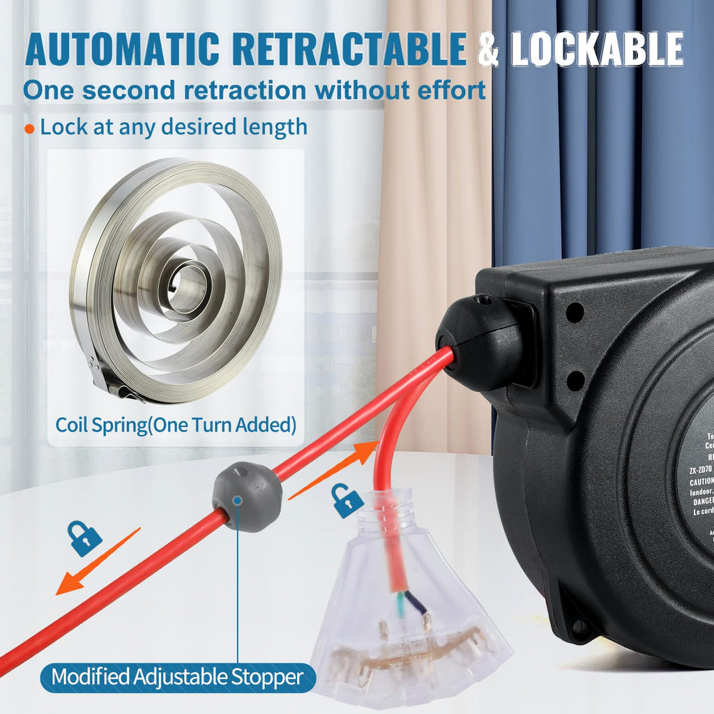 VEVOR Retractable Extension Cord Reel, 30 FT, Heavy Duty 16AWG/3C SJTOW Retractable Power Cord Reel with Lighted Triple Tap Outlet 10 Amp Circuit Breaker 4.5FT Lead-in Cord, for Ceiling or Wall Mount