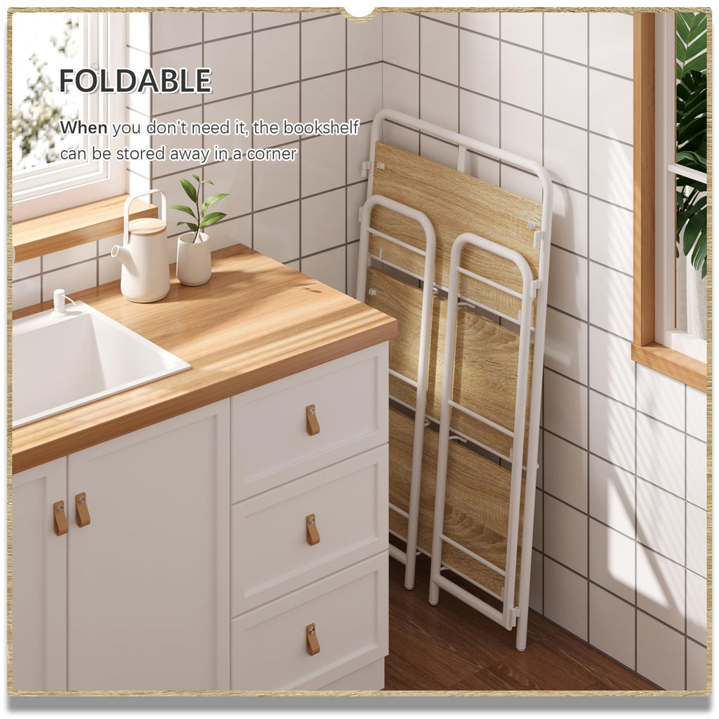 4NM No Assembly Folding Bookshelf, 3 Tiers Collapsible Book Shelves Open Industrial Foldable Storage Bookcase Shelf for Bedroom, Living Room, Home Office - Natural and White