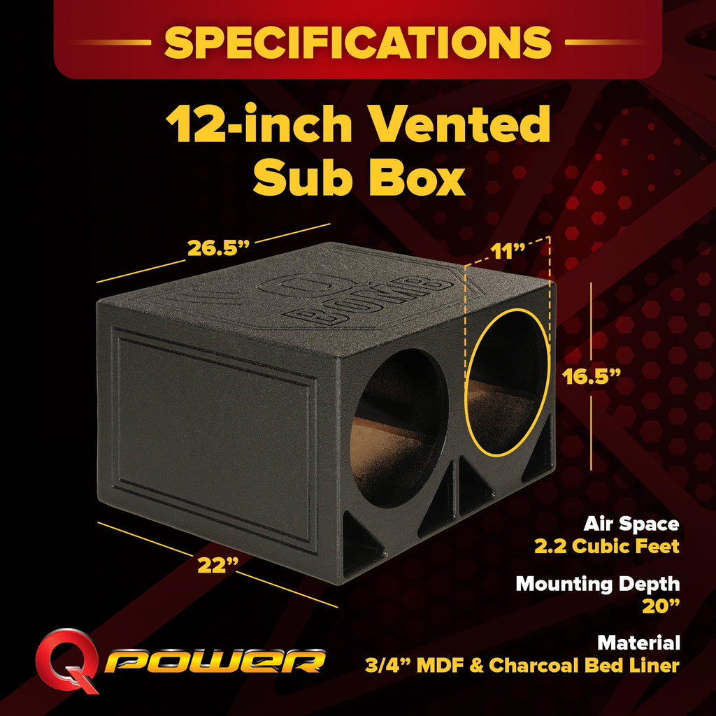 QPower 12 Inch Dual Subwoofer Box, High-Performance Vented Speaker Enclosure, Black - Car Audio and Sound System Accessories - Portable Equipment for Subwoofers