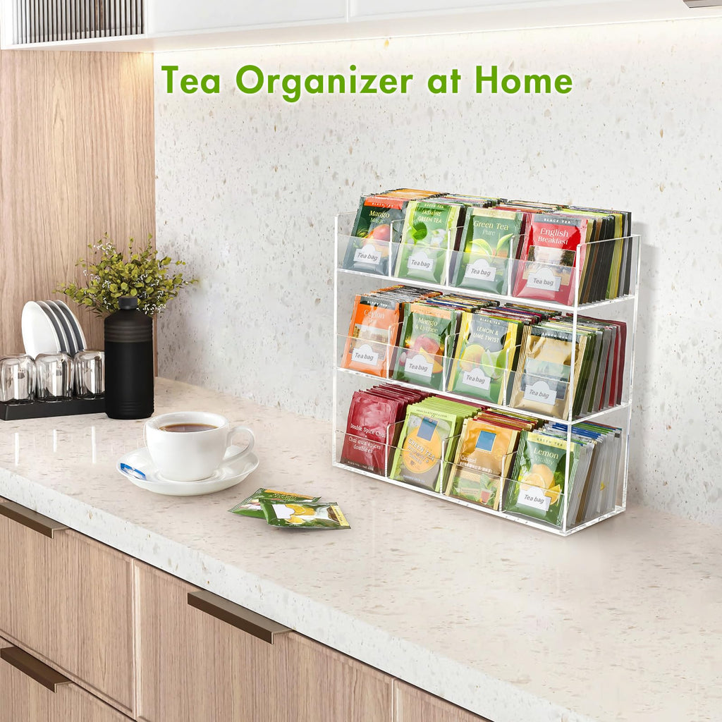 BEYGORM Acrylic Tea Bag Organizer for 216 Tea Packets, No Assembly Required, Display Holder for Countertop, Vertical Tea Bag Caddy for Cabinet, Tea bar Accessories, Teabags Storage Containers