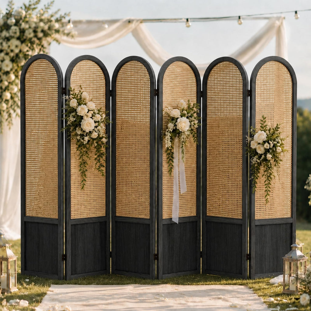 Hand-Woven Rattan Room Divider 3 Panels, 5.9 Ft Tall Wood Room Divider Panel, Partition Screen Divider Wall, Folding Privacy Screen, Wall Divider for Room Separation Home Office - Black