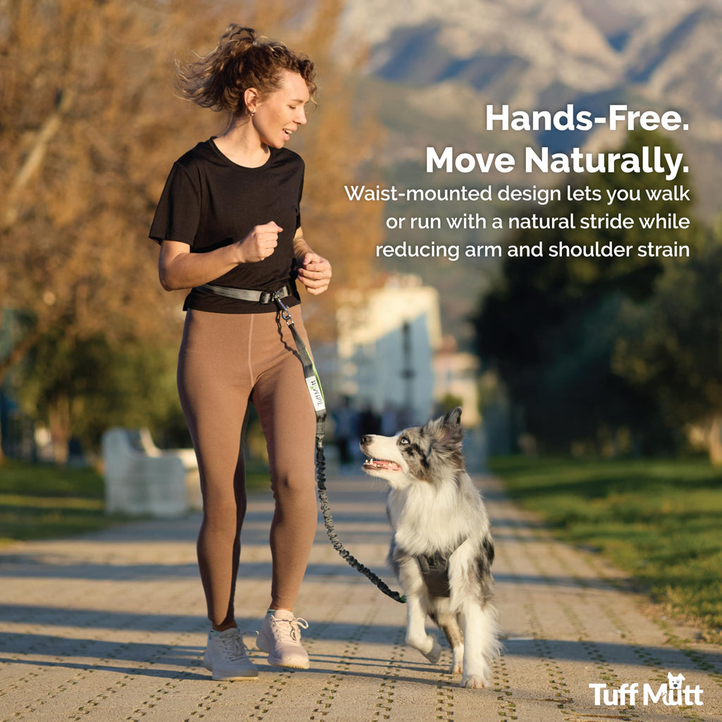 Tuff Mutt Hands-Free Waist Leash for Dog Walking, Running and Hiking, Carabiner Clip, Adjustable Belt with Double Handle, Reflective Bungee Design for Large & Medium Dogs