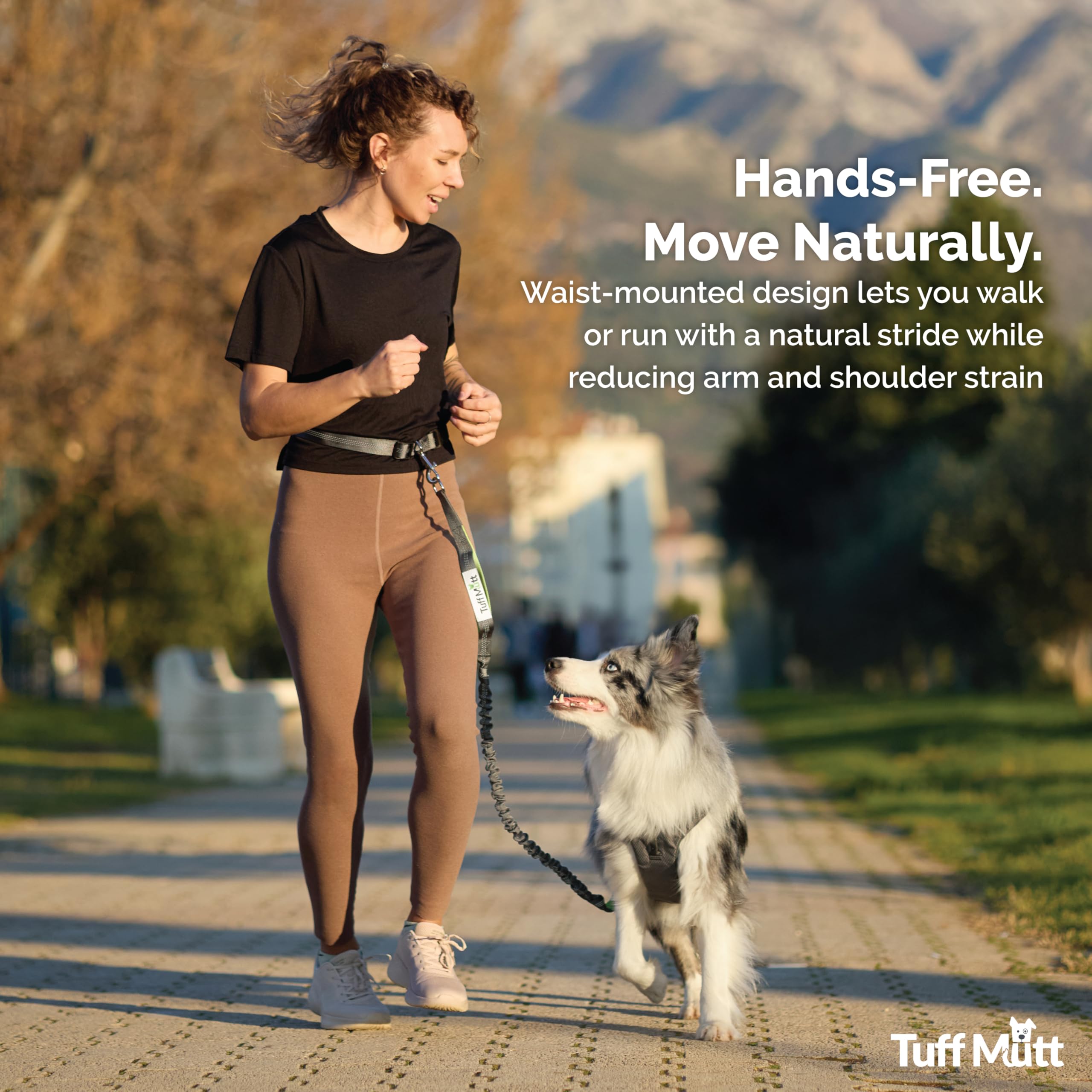 Tuff Mutt Hands-Free Waist Leash for Dog Walking, Running and Hiking, Carabiner Clip, Adjustable Belt with Double Handle, Reflective Bungee Design for Large & Medium Dogs