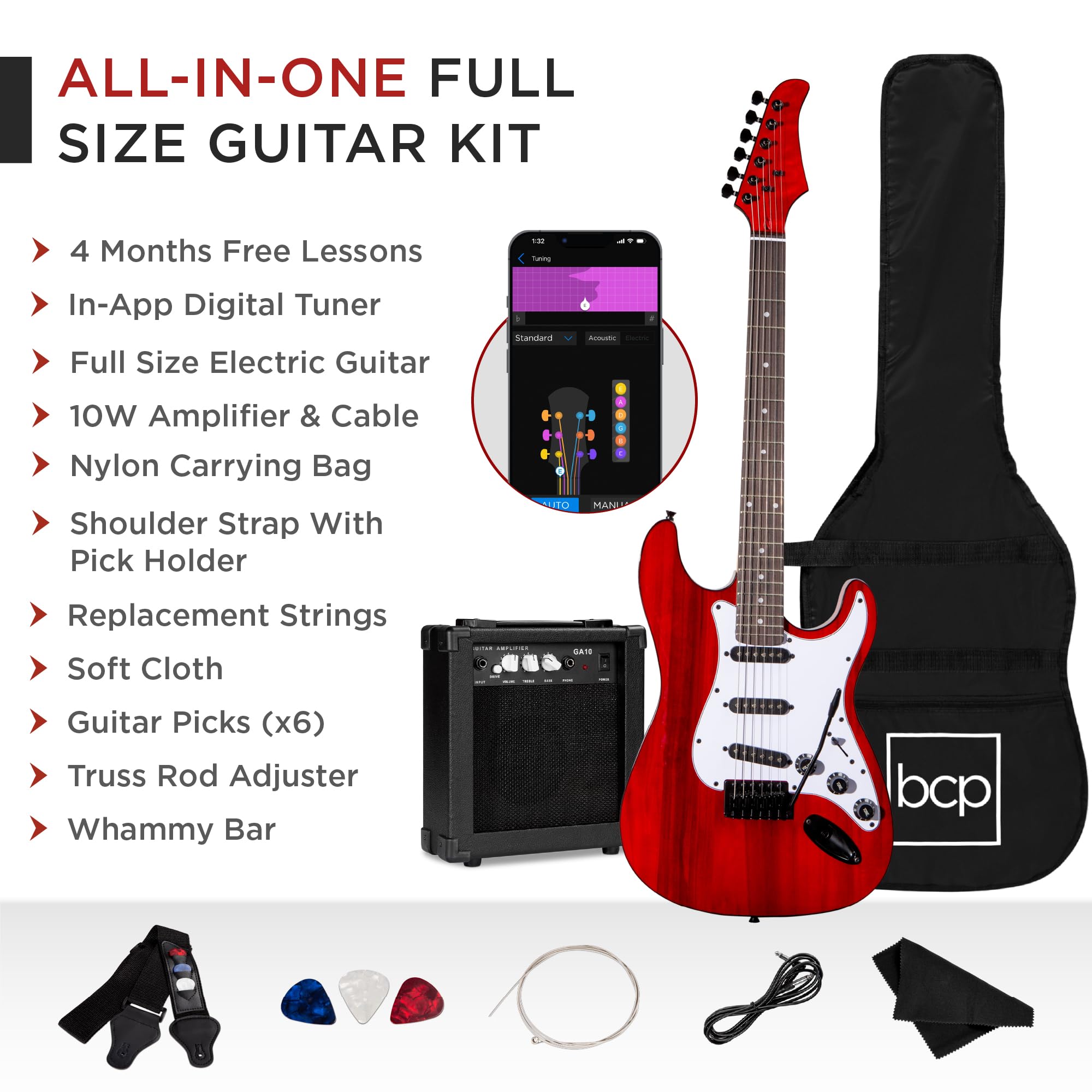 Best Choice Products 39in Full Size Beginner Electric Guitar Starter Kit w/Case, Strap, 10W Amp, Strings, Pick, Tremolo Bar - 3 Color Sunburst