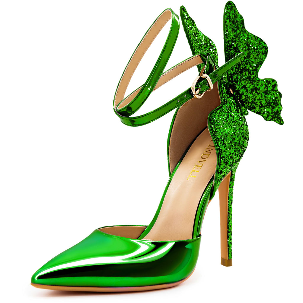 FINDVELL Gold High Heels Butterfly Back Sexy Stiletto Pumps Closed Toe Sparkly Ankle Strap Heels Sandals Dress Shoes for Women