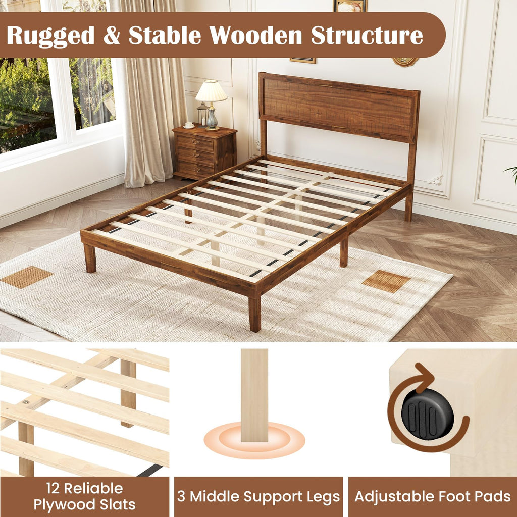 Giantex Wood Twin Bed Frames with Headboard, Solid Acacia Wood Platform Bed with 12 Strong Wooden Slat Support, Scandinavian Style Art Deco Twin Size Bed Frame, No Box Spring Needed, Rustic Brown