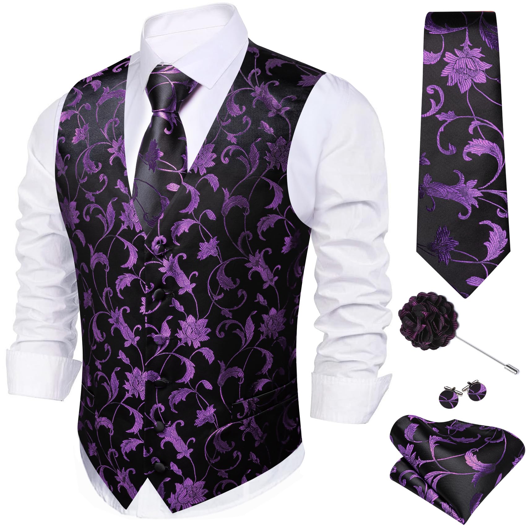 Barry.Wang Men's Suit Vest Formal/Leisure Paisley Jacquard Silk Tie Pocket Square Waistcoat Set Wedding 5PCS