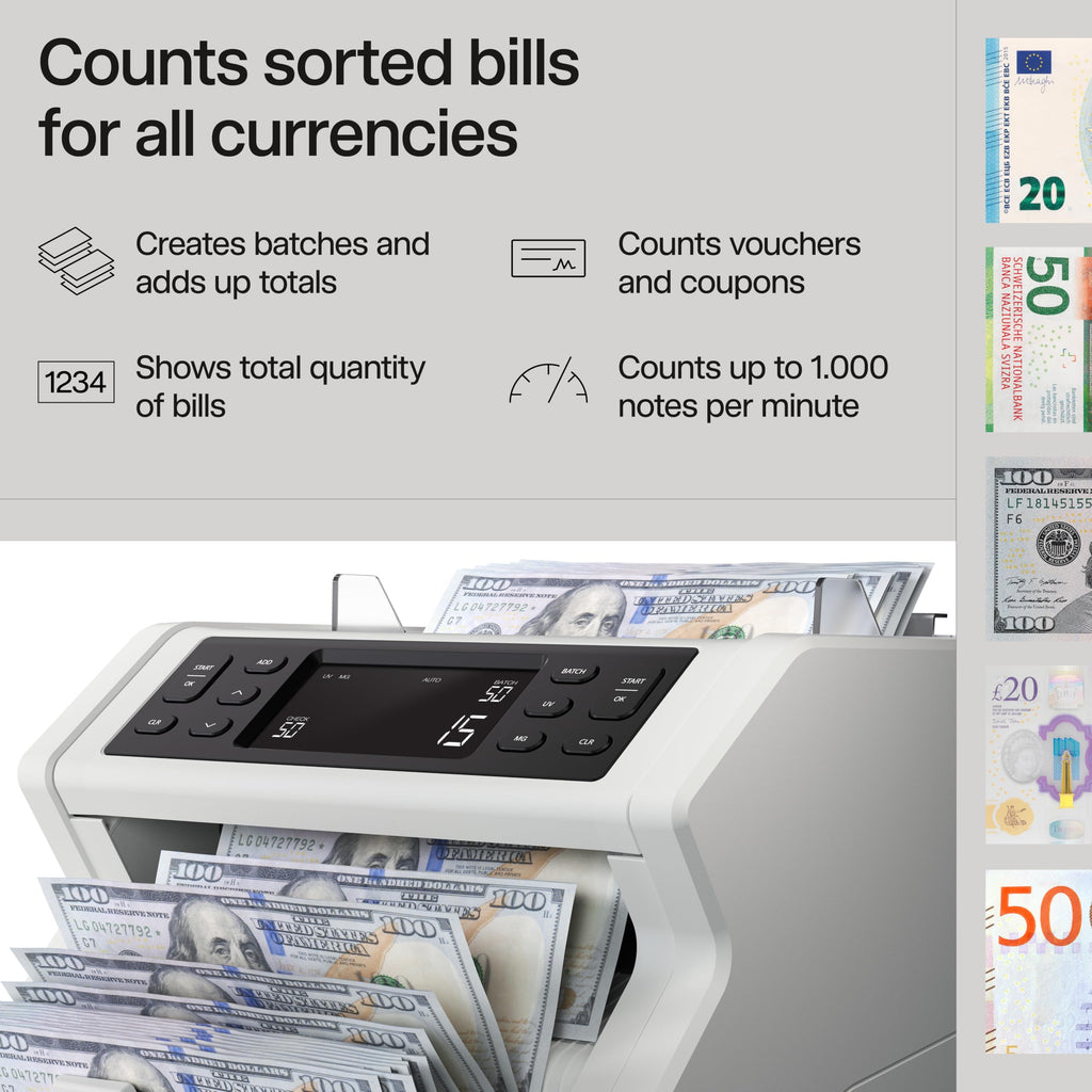 Safescan 2210 Money Counter Machine with Counterfeit Detection, Add/Batch Modes, LCD-Display, High-Speed Counts 1,000 bills per minute, 2 Point Counterfeit Check - Sorted Counter for All Currencies