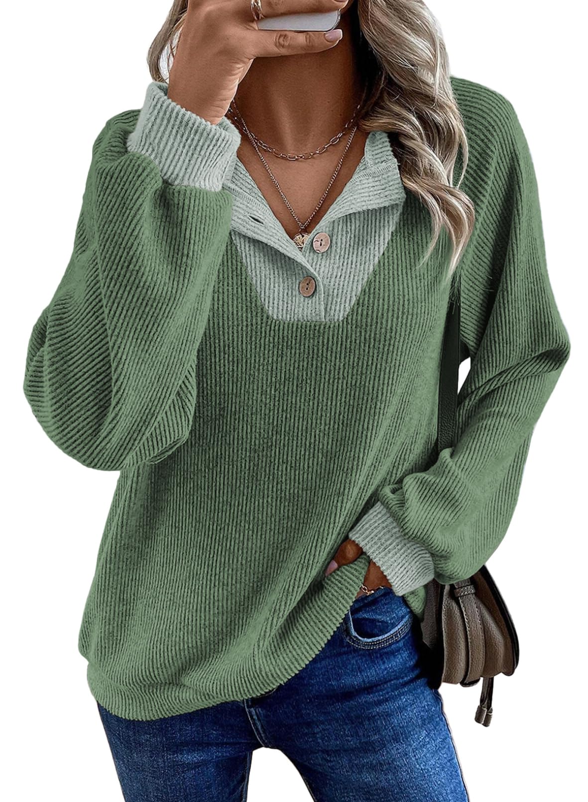 EVALESS Womens Fall Fashion 2026 Womens Long Sleeve Shirts Patchwork Button Up V Neck Sweatshirt Casual Pullover Tops