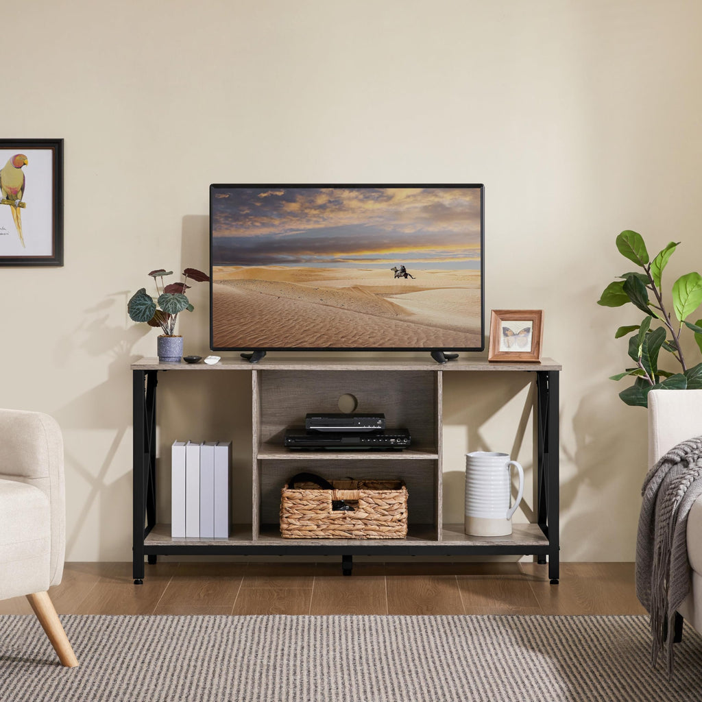 Yaheetech Industrial TV Stand for 55 Inch TV, Entertainment Center Media Console Table with Open Storage for Living Room, Wood Modern Furniture, Gray