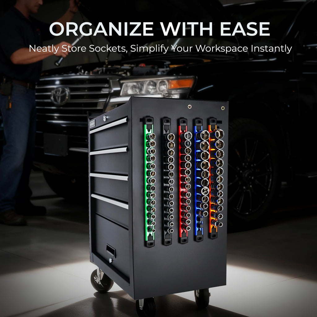 Reniteco Magnetic Socket Organizer Set, 3-Piece 1/2" 3/8" 1/4" Drive Aluminum Alloy Socket Holder with 40PC 360° Swivel Removable Clips, Magnetic Socket Rail for Tool Box Drawer, Black