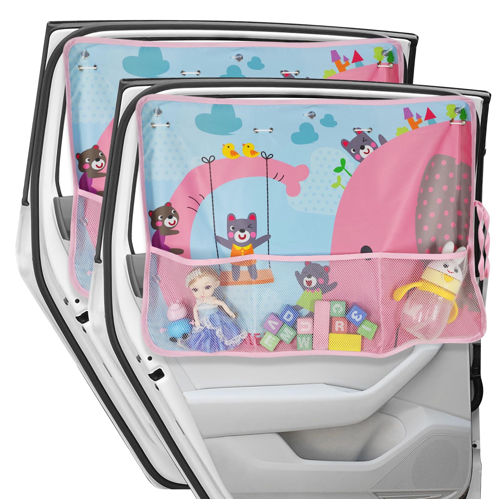 Car Sun Shade Side Window, 2 Pcs Blackout Car Window Shade for Baby Privacy with Storage Net Pockets Auto Curtains 7 Suction Cups for Heat/UV Protection Sun Block Covers