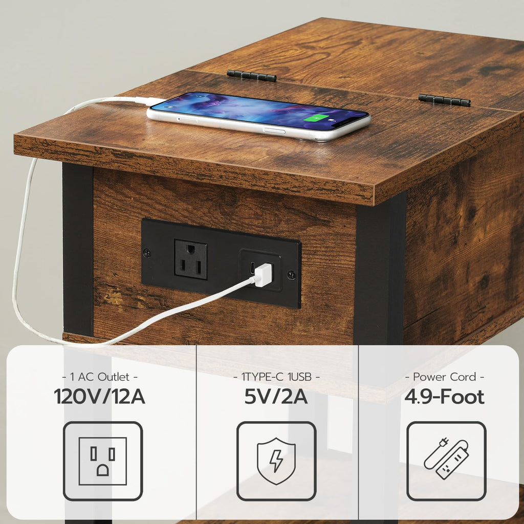HOOBRO End Table with Charging Station, Flip Top Side Table with USB Ports, Narrow Nightstand Bedside Tables with Storage Shelves, for Small Space, Living Room, Black BK141UBZ01