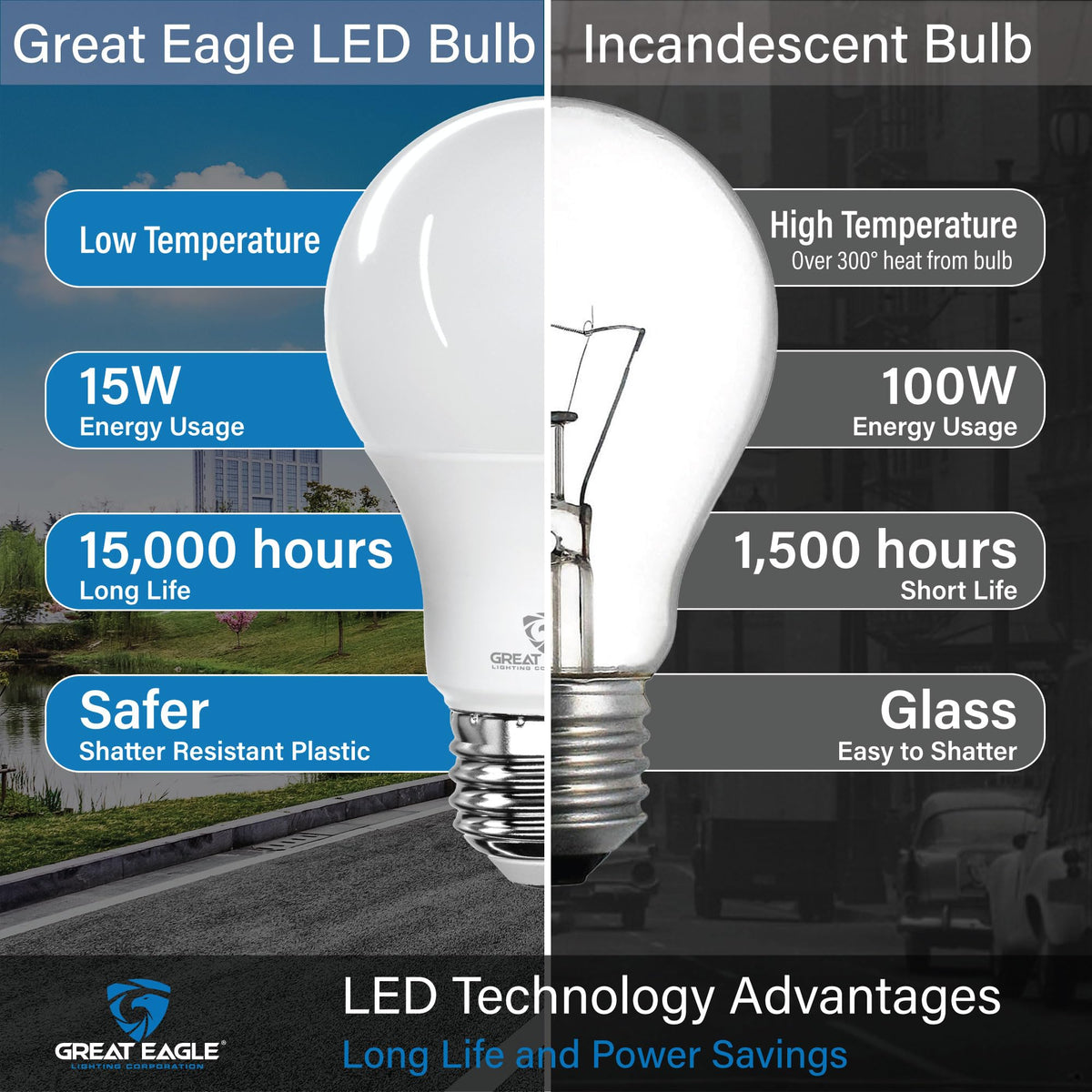 Great Eagle Lighting Corporation 100W LED Light Bulb Equivalent 1500 Lumens A19 Warm White 2700K Dimmable UL Listed (6-Pack)