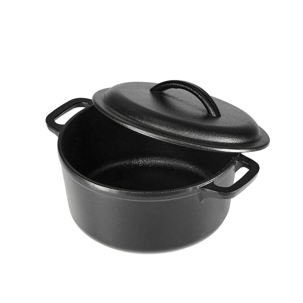 Amazon Basics Pre-Seasoned Cast Iron Mini Dutch Oven Pot with Lid and Dual Handles, Oven Safe, 2-Quart, Round, Black