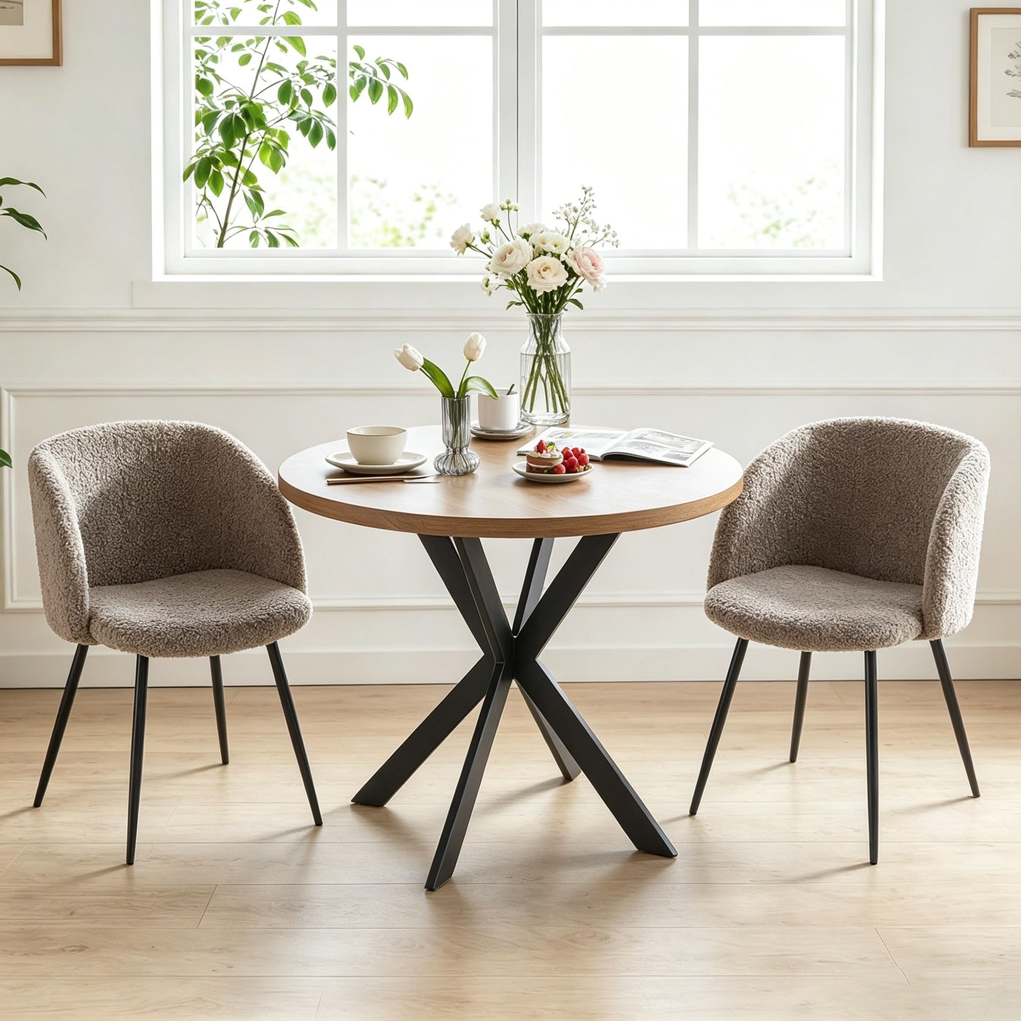 Homedot Dining Table Set for 2 with Black Dining Chairs, 3-Piece Compact Kitchen Table Set for Small Spaces, Rustic Brown Round Table Wooden with Upholstered Dining Side Chairs for Living Room