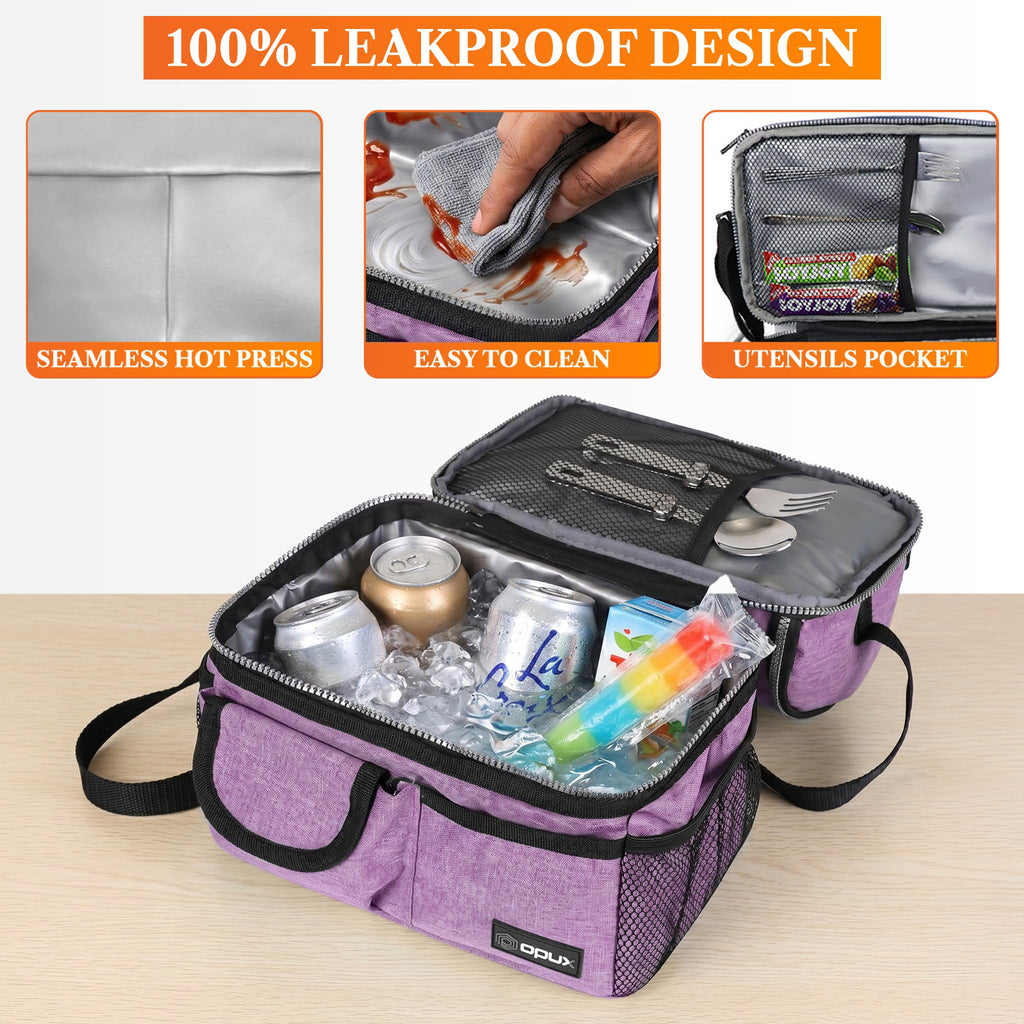 opux Insulated Lunch Bag Women Men, Dual Compartment Leakproof Lunch Box Adults Kids, Double Decker Meal Prep Bento Lunch Cooler Tote with Shoulder Strap for Work Office School Travel, Black
