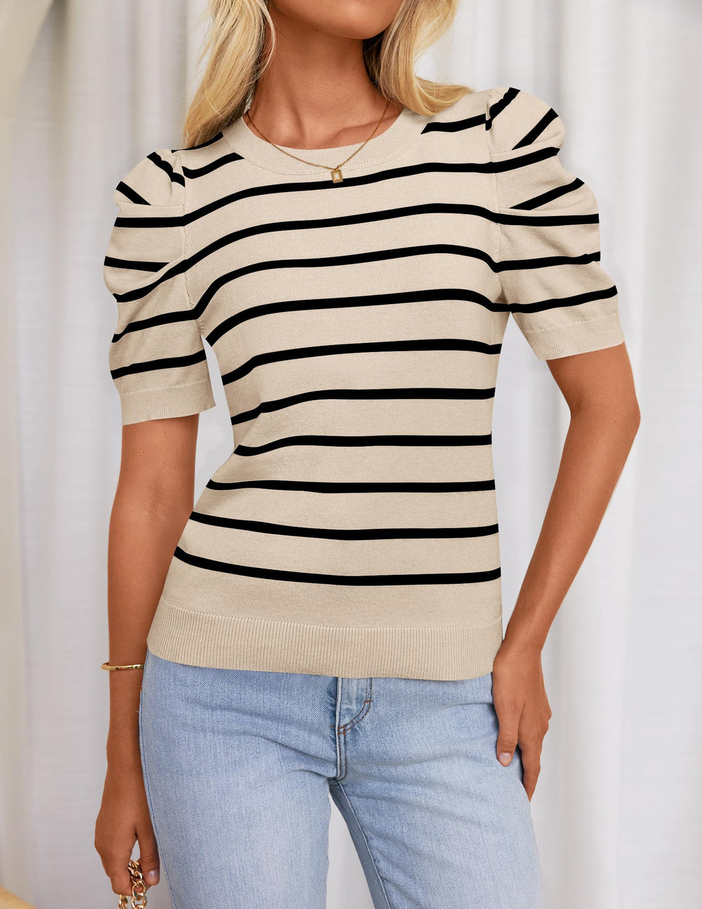 HAEOF Women's Striped Puff Short Sleeve Spring Tops 2026 Summer T Shirts Lightweight Sweater Dressy Casual Cute Work Blouses