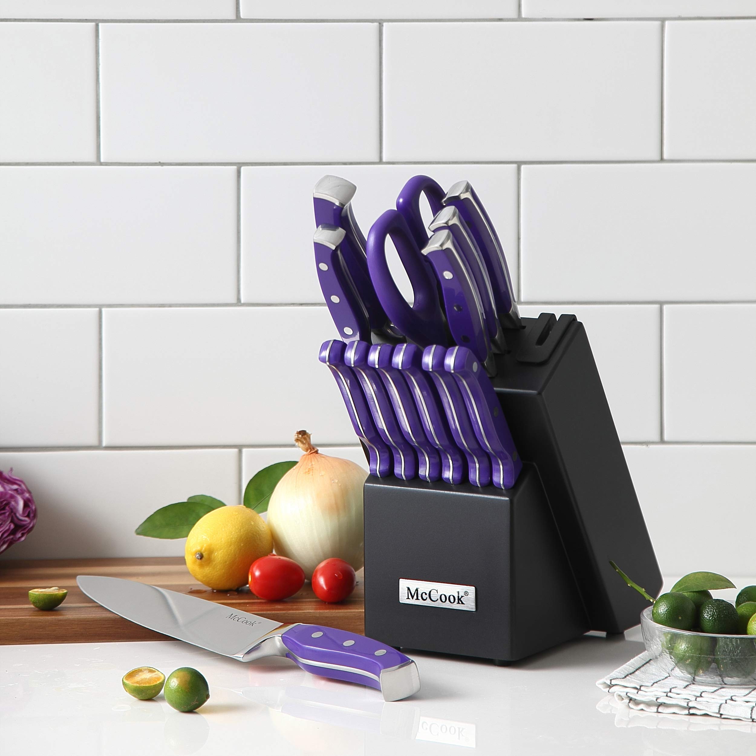McCook® Knife Sets,German Stainless Steel Kitchen Knife Block Set with Built-in Sharpener, 20-Piece Razor-Sharp Kitchen Knives, Forged Triple Rivet,Full Tang,Ergonomic Handle,Elegant Box for Gift