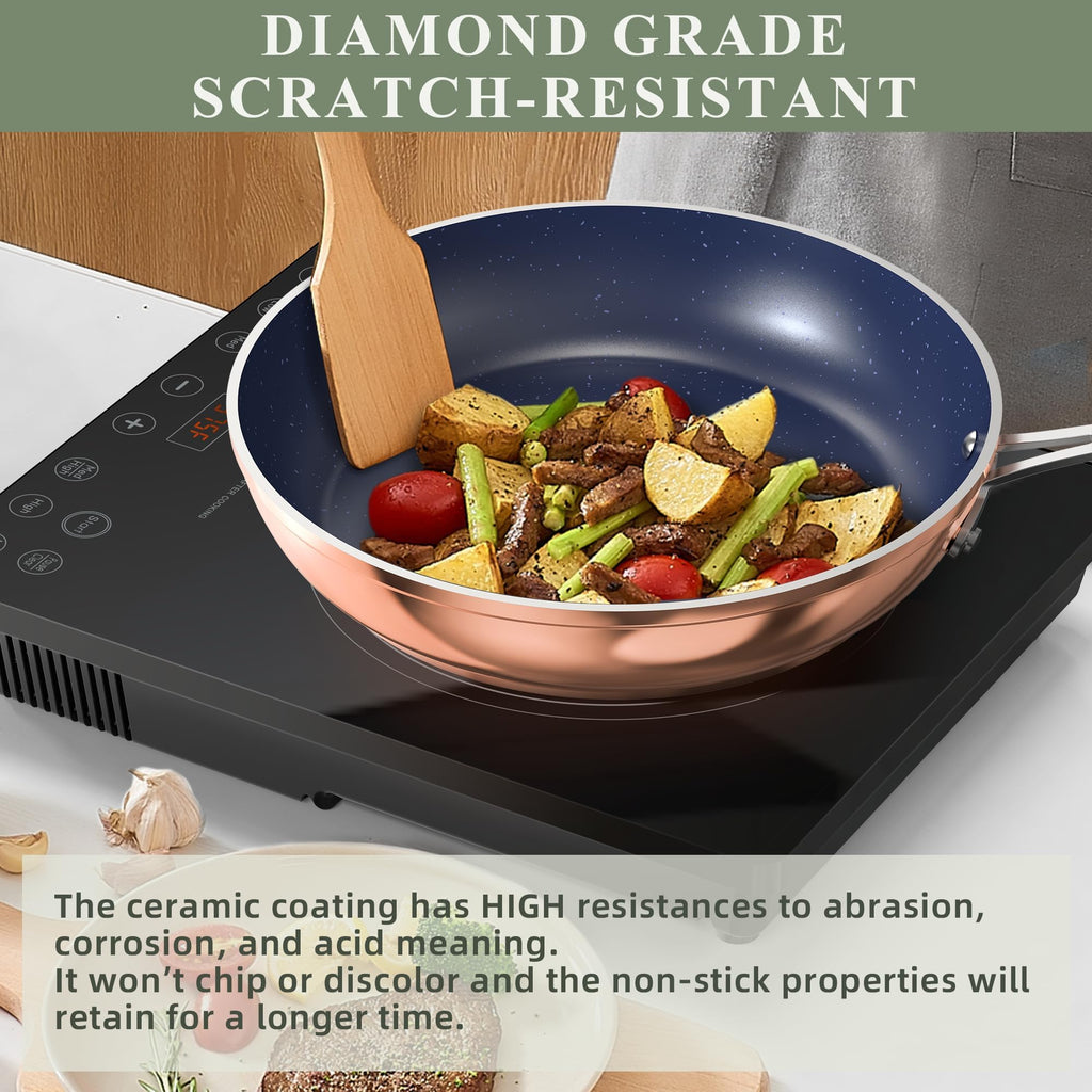 Nuwave Healthy Duralon Blue Ceramic Nonstick Cookware Set, Diamond Infused Scratch-Resistant, PFAS Free, Dishwasher & Oven Safe, Induction Ready & Evenly Heats, Tempered Glass Lids & Stay-Cool Handles